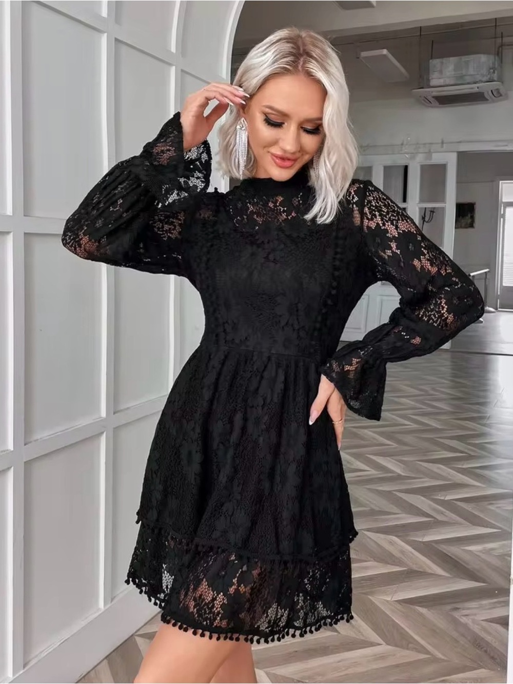 Black Lace Long-Sleeve Tiered Mini Dress
